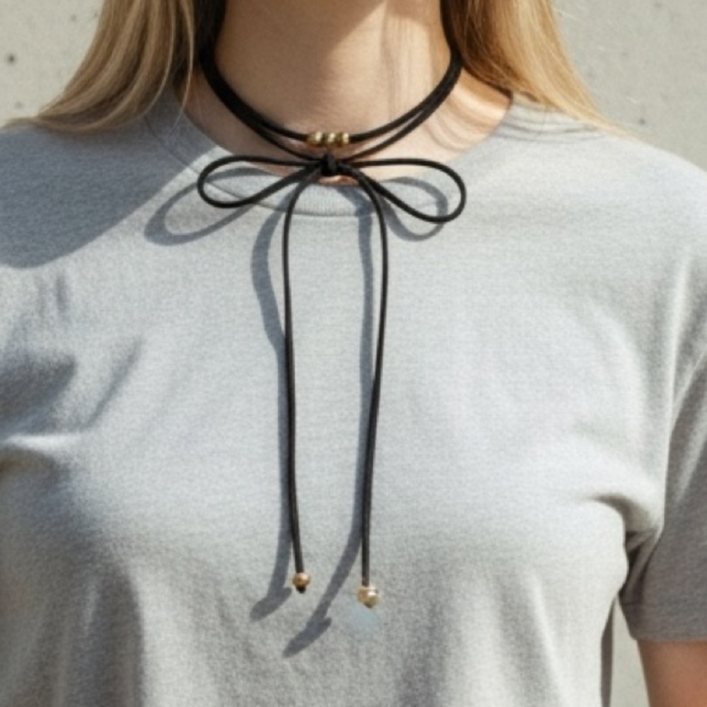 4/$20 - Black Faux Suede Bow Choker Necklace (BR555)